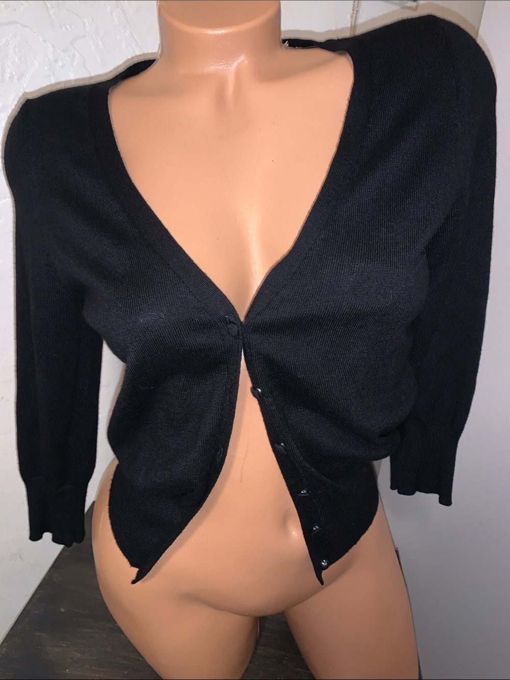 Sweater Project Black Lace Button-Down Crop Cardigan Sweater top 3/4 sleeve